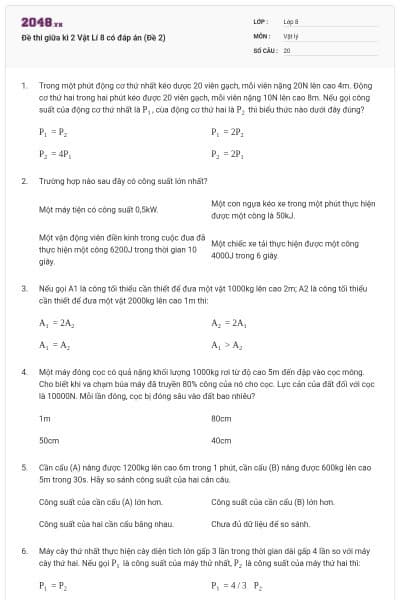 Đề thi giữa kì 2 Vật Lí 8 có đáp án (Đề 2)