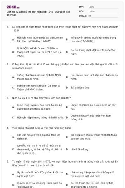 Lịch sử 12 Lịch sử thế giới hiện đại (1945 - 2000) có đáp án(P12)