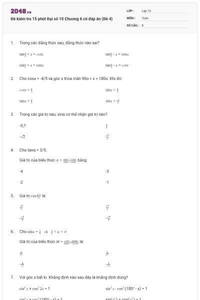 Đề kiểm tra 15 phút Đại số 10 Chương 6 có đáp án (Đề 4)