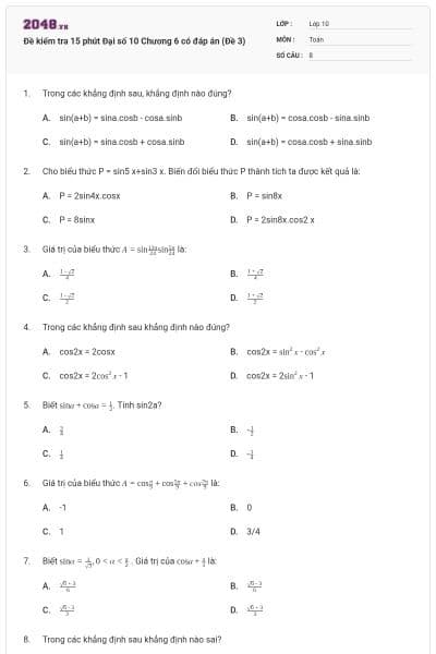 Đề kiểm tra 15 phút Đại số 10 Chương 6 có đáp án (Đề 3)