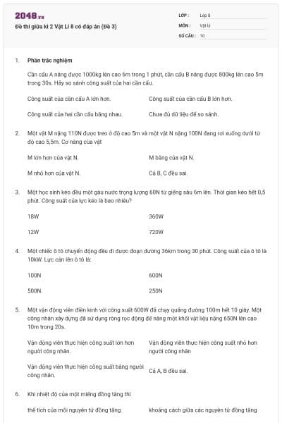Đề thi giữa kì 2 Vật Lí 8 có đáp án (Đề 3)