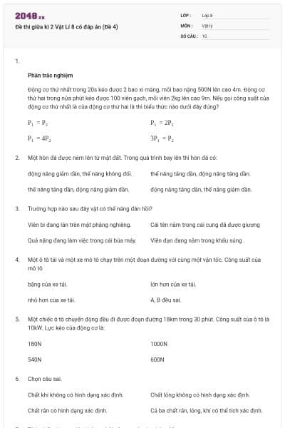 Đề thi giữa kì 2 Vật Lí 8 có đáp án (Đề 4)