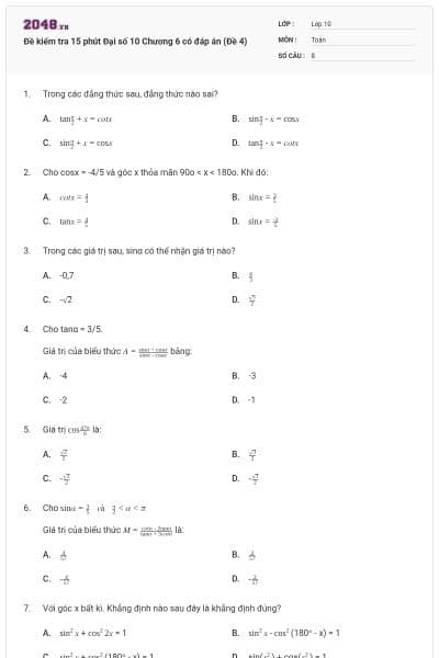 Đề kiểm tra 15 phút Đại số 10 Chương 6 có đáp án (Đề 4)