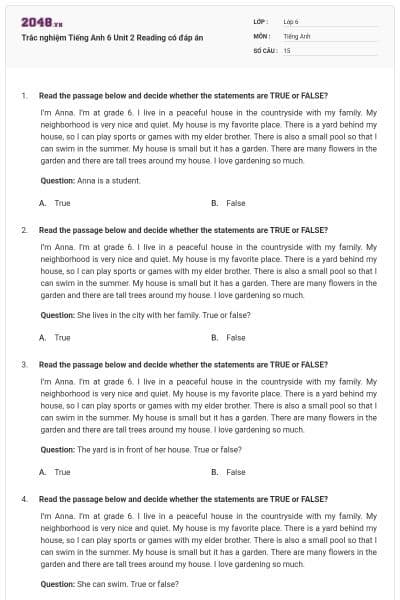 Trắc nghiệm Tiếng Anh 6 Unit 2 Reading có đáp án