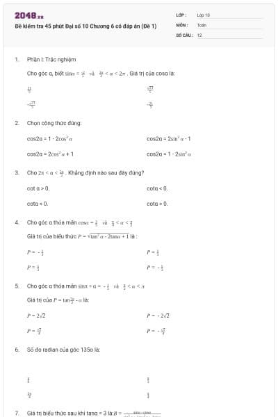 Đề kiểm tra 45 phút Đại số 10 Chương 6 có đáp án (Đề 1)