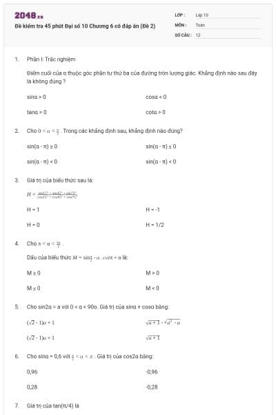 Đề kiểm tra 45 phút Đại số 10 Chương 6 có đáp án (Đề 2)