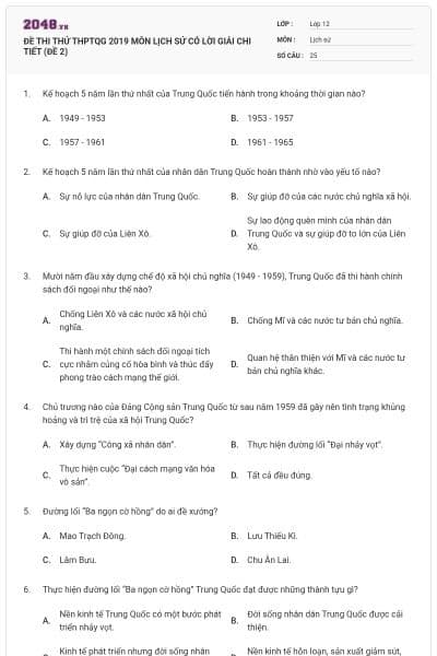 ĐỀ THI THỬ THPTQG 2019 MÔN LỊCH SỬ CÓ LỜI GIẢI CHI TIẾT (ĐỀ 2)