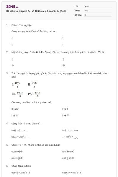 Đề kiểm tra 45 phút Đại số 10 Chương 6 có đáp án (Đề 3)