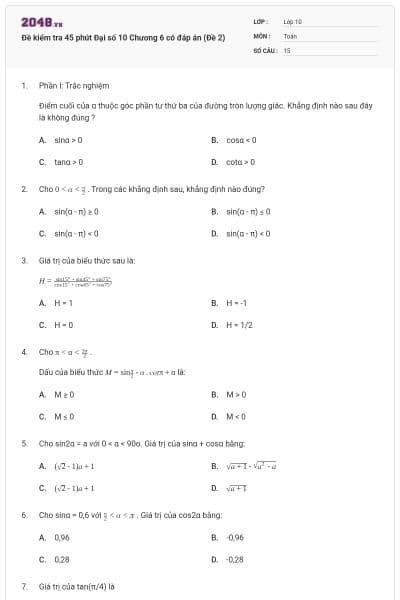 Đề kiểm tra 45 phút Đại số 10 Chương 6 có đáp án (Đề 2)