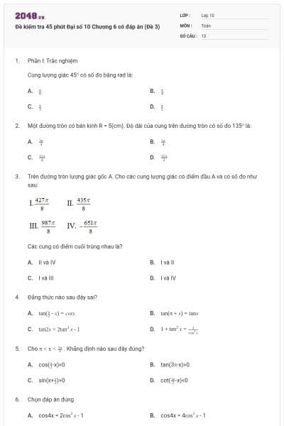 Đề kiểm tra 45 phút Đại số 10 Chương 6 có đáp án (Đề 3)