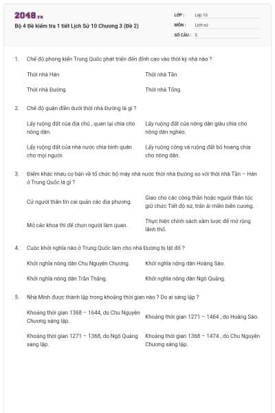Bộ 4  Đề kiểm tra 1 tiết Lịch Sử 10 Chương 3 (Đề 2)