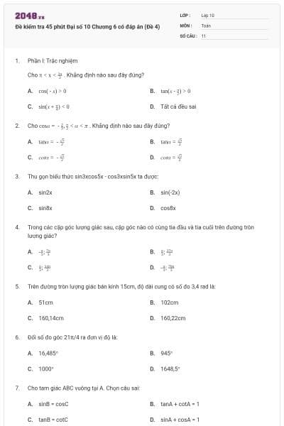 Đề kiểm tra 45 phút Đại số 10 Chương 6 có đáp án (Đề 4)