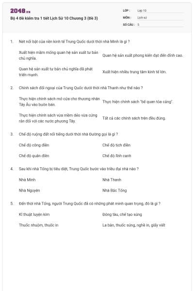 Bộ 4  Đề kiểm tra 1 tiết Lịch Sử 10 Chương 3 (Đề 3)