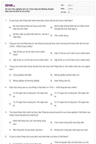 46 câu Trắc nghiệm lịch sử 12(có đáp án) Những chuyển biến mới về kinh tế và xã hội