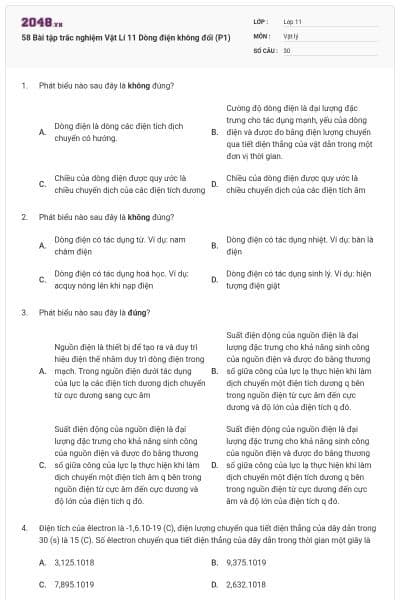 58 Bài tập trắc nghiệm Vật Lí 11 Dòng điện không đổi (P1)