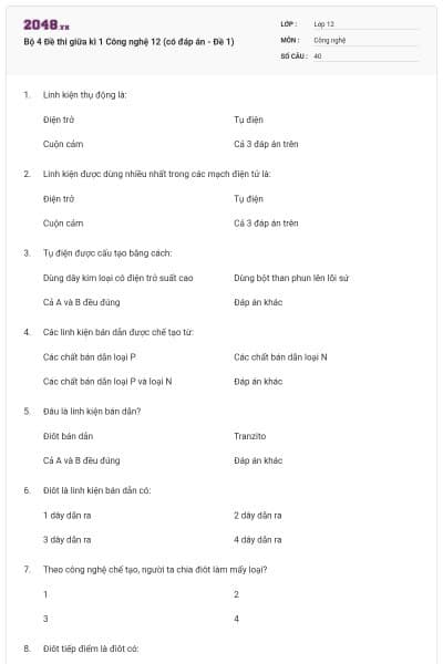 Bộ 4 Đề thi giữa kì 1 Công nghệ 12 (có đáp án - Đề 1)