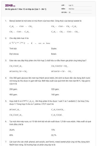 Đề thi giữa kì 1 Hóa 12 có đáp án (Lần 1 - Đề 1)