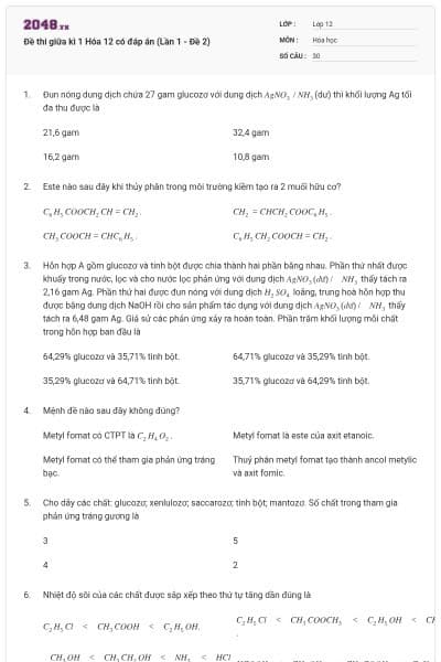 Đề thi giữa kì 1 Hóa 12 có đáp án (Lần 1 - Đề 2)