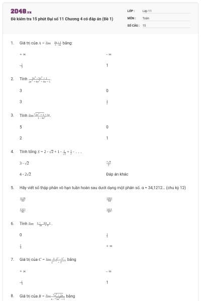 Đề kiểm tra 15 phút Đại số 11 Chương 4 có đáp án (Đề 1)