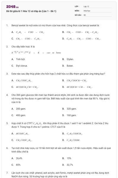 Đề thi giữa kì 1 Hóa 12 có đáp án (Lần 1 - Đề 1)