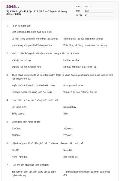 Bộ 4   Đề thi giữa kì 1 Địa Lí 12 (Đề 3 - có đáp án và thang điểm chi tiết)
