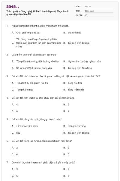 Trắc nghiệm Công nghệ 10 Bài 11 (có đáp án): Thực hành quan sát phẫu diện đất