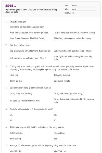 Bộ 4   Đề thi giữa kì 1 Địa Lí 12 (Đề 4 - có đáp án và thang điểm chi tiết)