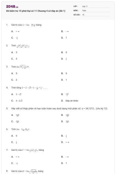 Đề kiểm tra 15 phút Đại số 11 Chương 4 có đáp án (Đề 1)