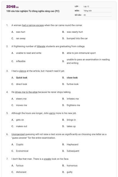 100 câu trắc nghiệm Từ đồng nghĩa nâng cao (P2)