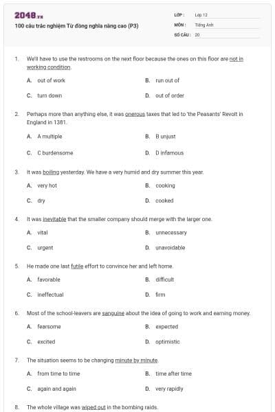 100 câu trắc nghiệm Từ đồng nghĩa nâng cao (P3)