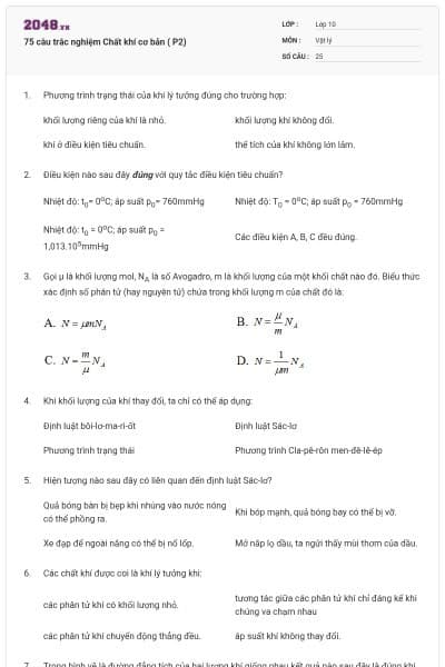 75 câu trắc nghiệm Chất khí cơ bản ( P2)