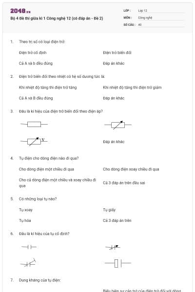 Bộ 4 Đề thi giữa kì 1 Công nghệ 12 (có đáp án - Đề 2)