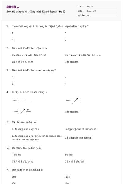 Bộ 4 Đề thi giữa kì 1 Công nghệ 12 (có đáp án - Đề 3)