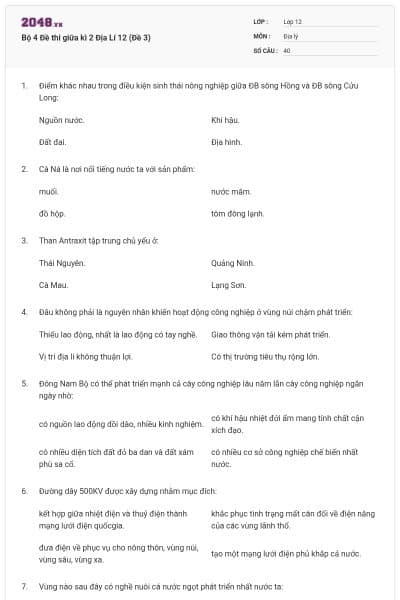 Bộ 4   Đề thi giữa kì 2 Địa Lí 12 (Đề 3)