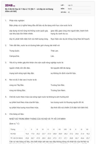 Bộ 4   Đề thi Học kì 1 Địa Lí 12 (Đề 1 - có đáp án và thang điểm chi tiết)