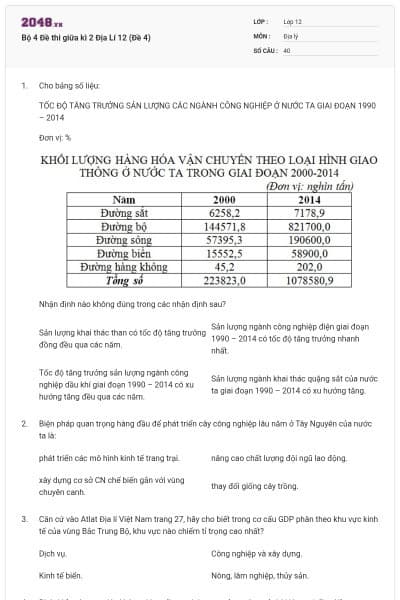 Bộ 4   Đề thi giữa kì 2 Địa Lí 12 (Đề 4)