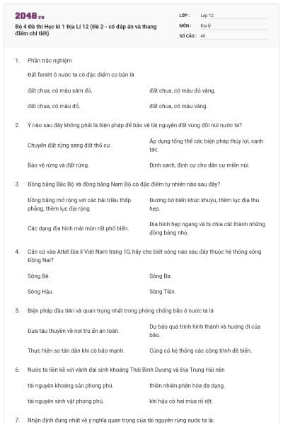 Bộ 4   Đề thi Học kì 1 Địa Lí 12 (Đề 2 - có đáp án và thang điểm chi tiết)