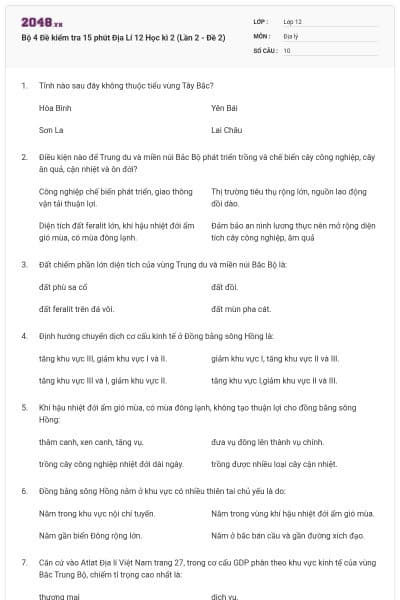 Bộ 4   Đề kiểm tra 15 phút Địa Lí 12 Học kì 2 (Lần 2 - Đề 2)