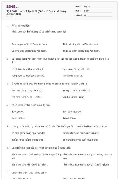 Bộ 4   Đề thi Học kì 1 Địa Lí 12 (Đề 3 - có đáp án và thang điểm chi tiết)