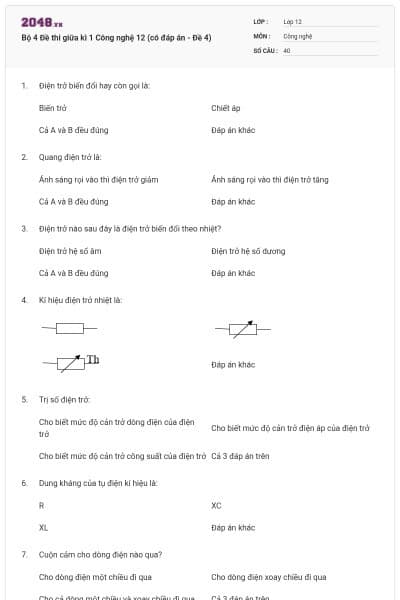 Bộ 4 Đề thi giữa kì 1 Công nghệ 12 (có đáp án - Đề 4)
