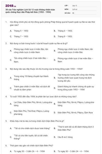 38 câu Trắc nghiệm Lịch Sử 12 cuộc kháng chiến toàn quốc chống thực dân Pháp kết thúc (1953 - 1954)