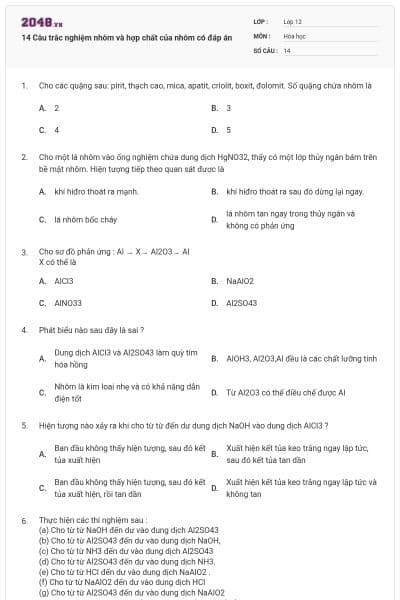 14 Câu trắc nghiệm nhôm và hợp chất của nhôm có đáp án