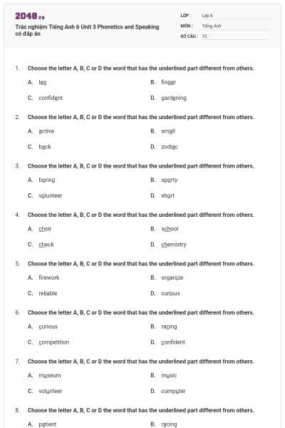 Trắc nghiệm Tiếng Anh 6 Unit 3 Phonetics and Speaking có đáp án
