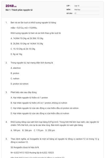 Bài 1: Thành phần nguyên tử