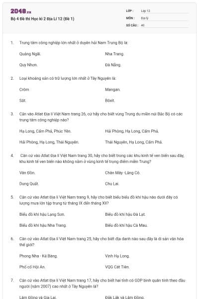 Bộ 4  Đề thi Học kì 2 Địa Lí 12 (Đề 1)