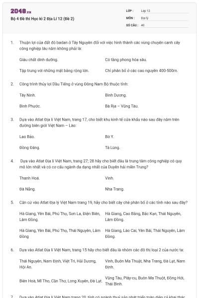 Bộ 4   Đề thi Học kì 2 Địa Lí 12 (Đề 2)
