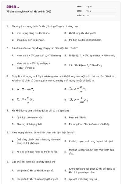 75 câu trắc nghiệm Chất khí cơ bản ( P2)