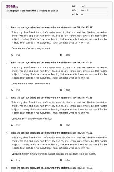 Trắc nghiệm Tiếng Anh 6 Unit 3 Reading có đáp án