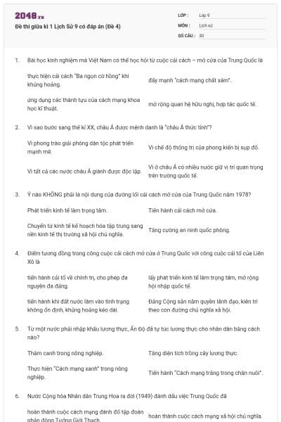 Đề thi giữa kì 1 Lịch Sử 9 có đáp án (Đề 4)