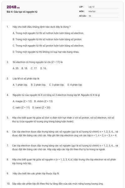 Bài 4: Cấu tạo vỏ nguyên tử